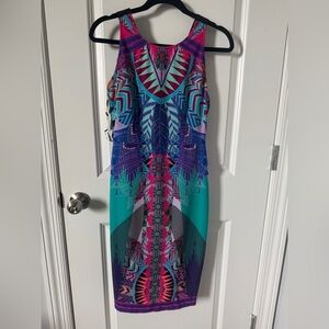 NWT Hale Bob Pink and Blue Halter Bodycon Midi Dress Size XS